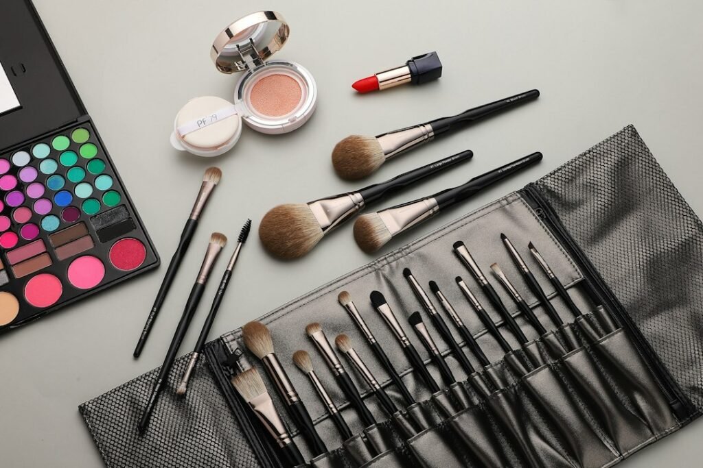Makeup brush set arranged for a beauty routine